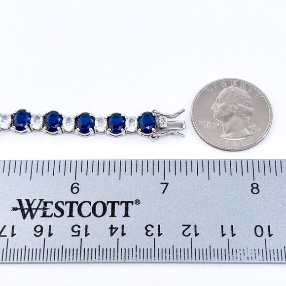 Vintage China Sterling Silver 925 Blue & Clear Cubic Zirconia Tennis Bracelet 7" - Picture 2 of 6